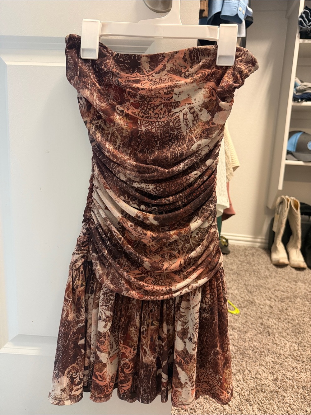 Strapless Ruched Brown Print Dress